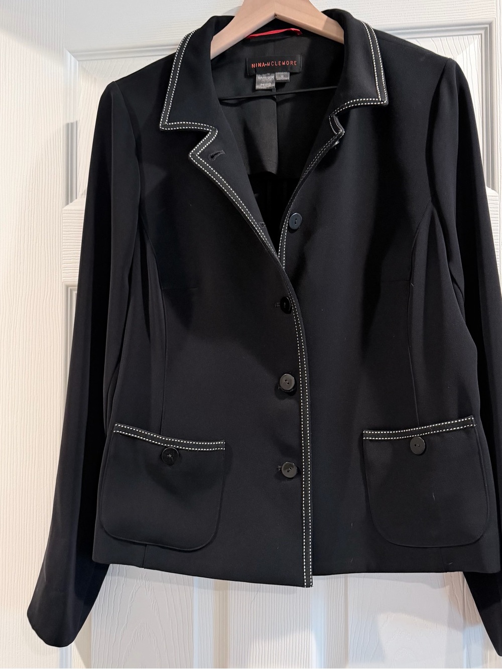 Nina McLemore Black Notch-Collar Blazer with Contrast Stitching